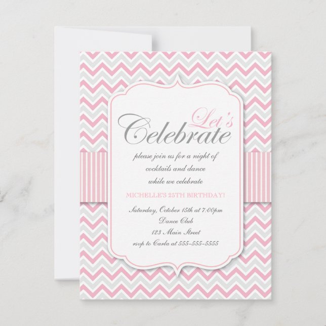 Modern delikat Rosa Chevron-Födelsedagsfest Inbjudningar (Framsida)