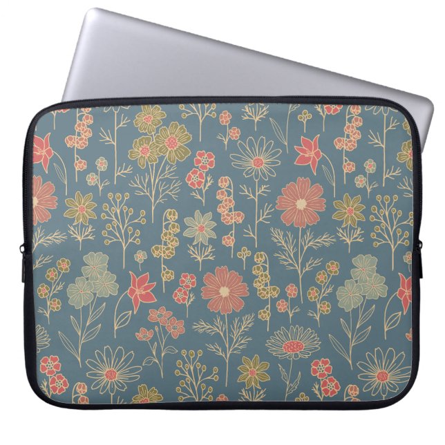 Modern Denim Blue & Coral Blommigt Laptop Fodral (Framsidan)
