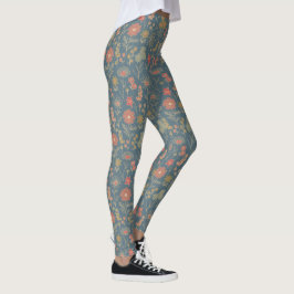 Modern Denim Blue & Coral Blommigt Leggings