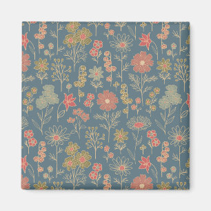 Modern Denim Blue & Coral Blommigt Magnet