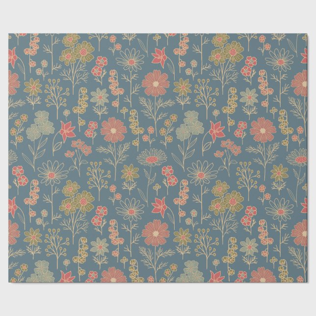 Modern Denim Blue & Coral Blommigt Presentpapper (Seam)