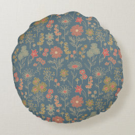 Modern Denim Blue & Coral Blommigt Rund Kudde