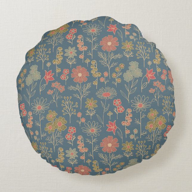 Modern Denim Blue & Coral Blommigt Rund Kudde (Baksidan)