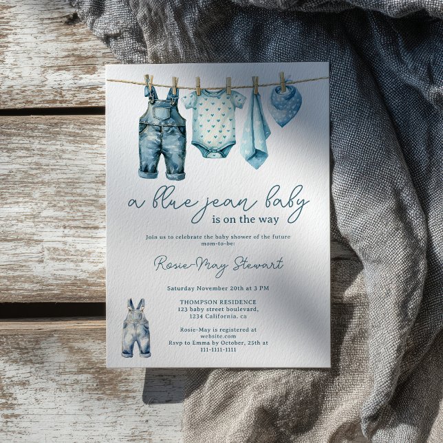 Modern Denim Blue Jean Clothesline Baby Shower Inbjudningar (Modern Denim Blue Jean Clothesline Baby Shower Invitation)