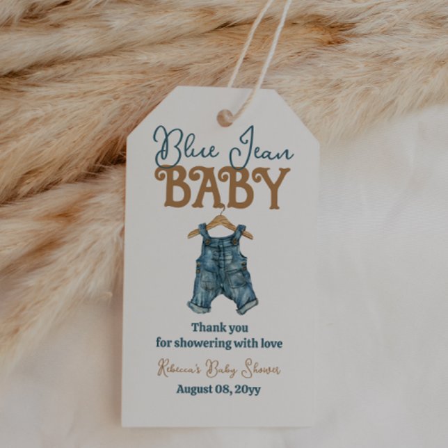 Modern Denim Boy Blue Jean Baby Shower Presentetikett (Skapare uppladdad)
