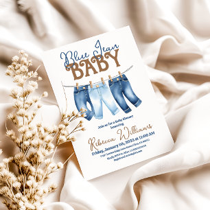 Modern Denim Clothesline Boy Blue Jean Baby Shower Inbjudningar