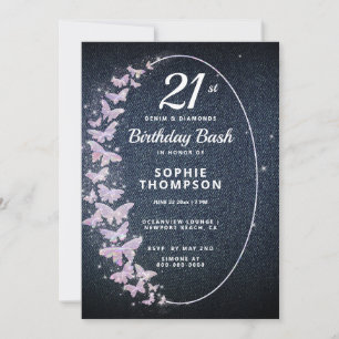 Modern Denim Diamond Rosa Butterfly Födelsedagsfes Inbjudningar