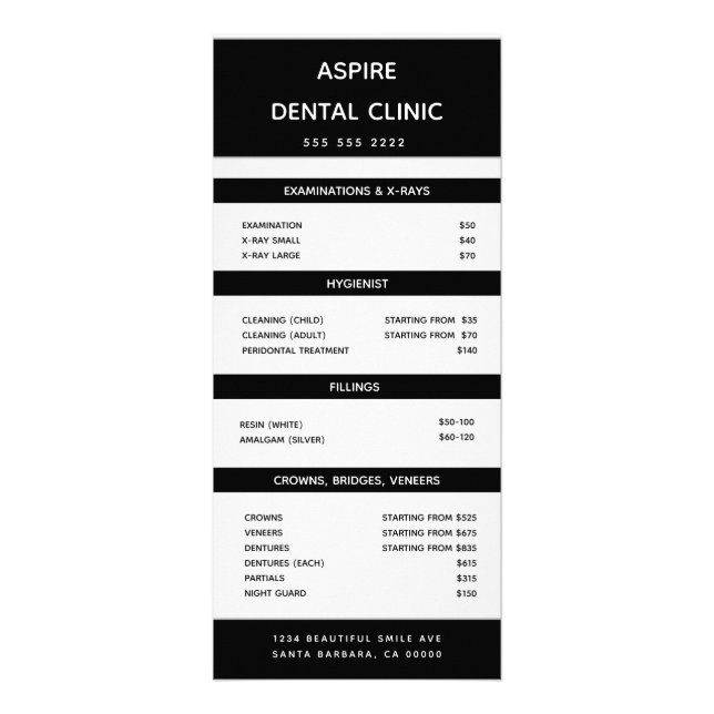 Modern dentist Orthodontist Pris list Black Reklamkort (Framsidan)