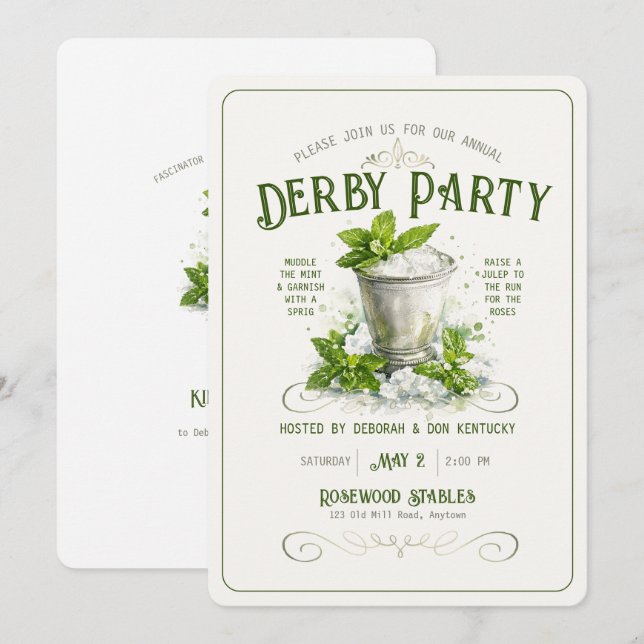 Modern Derby Fest Vattenfärg Mint Julep Elegant Inbjudningar (Fram/baksida)