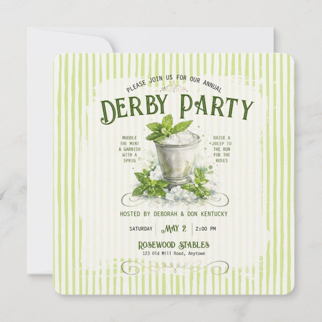 Modern Derby Fest Vattenfärg Mint Julep Elegant Inbjudningar (Framsida)
