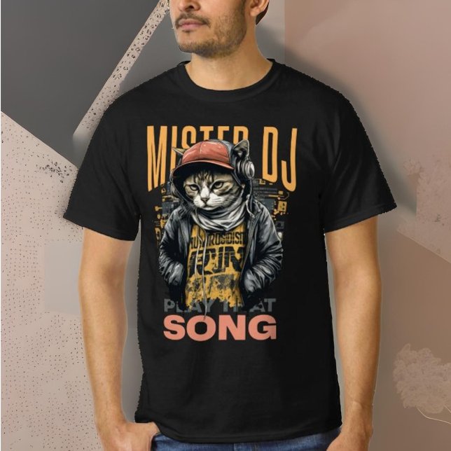 Modern design - Lusny Deejay cat Techno-musik, sva T Shirt (Skapare uppladdad)