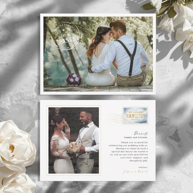 Modern Destination Travel Wedding Thank You Card Tack Kort (Photo Stamp Wedding Thank You Card)