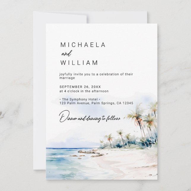 Modern destination - Watercolor Beach Wedding Inbjudningar (Framsida)