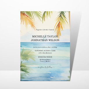 Modern Destinationsbröllop Handflatan Träd Beach Inbjudningar