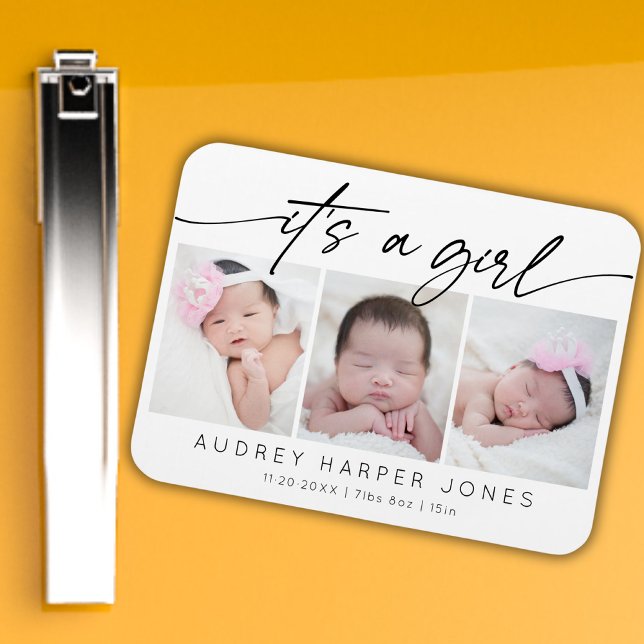 Modern Det är en flicka Baby Newborn 3 Foto Collag Magnet (Skapare uppladdad)