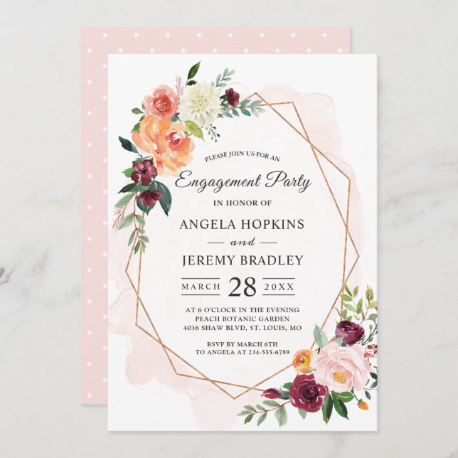 Modern Diamantram Blush Blommig Förlovningsfest Inbjudningar (Fram/baksida)