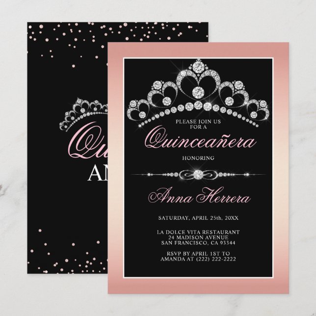 Modern Diamond Tiara Black Rosa QUINCEAÑERA Inbjudningar (Fram/baksida)