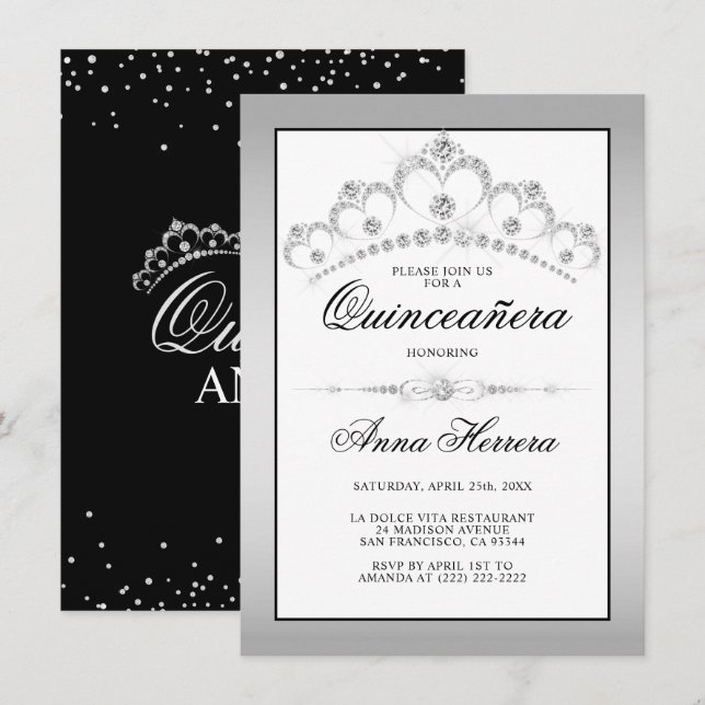 Modern Diamond Tiara Black White QUINCEAÑERA Inbjudningar (Fram/baksida)