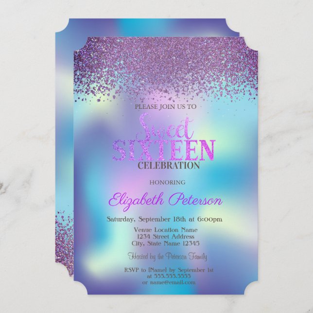 Modern Diamonds Colorful HoloGraph Sweet 16 Inbjudningar (Fram/baksida)