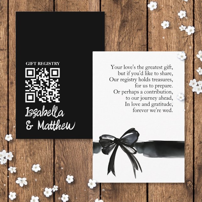 Modern Dikt QR-kort för svart Bröllop-register Tilläggskort (Modern Black White Bow Wedding Registry Poem QR Card stationary saying ribbon trendy money or gift )