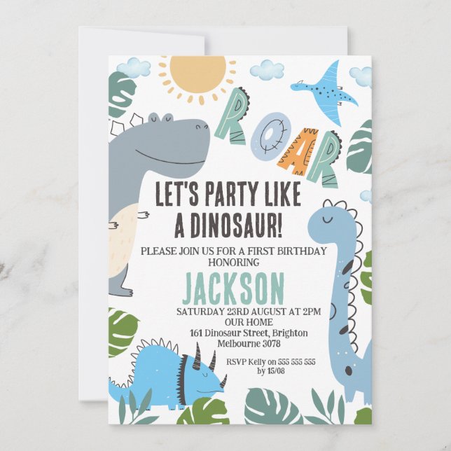 Modern Dinosaur Party 1:a födelsedagsinbjudan Inbjudningar (Framsida)
