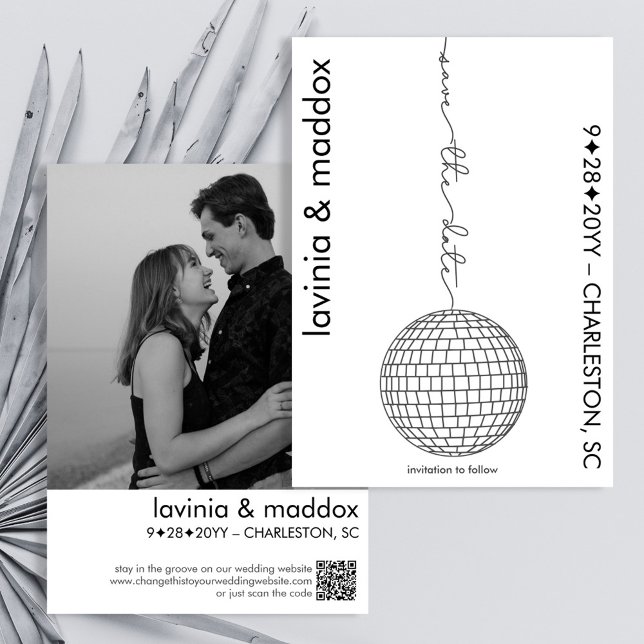 Modern Disco Black and White Photo QR-kod Bröllop Spara Datumet (Modern elegant disco wedding save the date in black and white with your photo and wedding website QR)