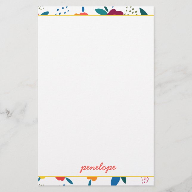 Modern diskett Blommönster Coral Script Namn Brevpapper (Framsida)