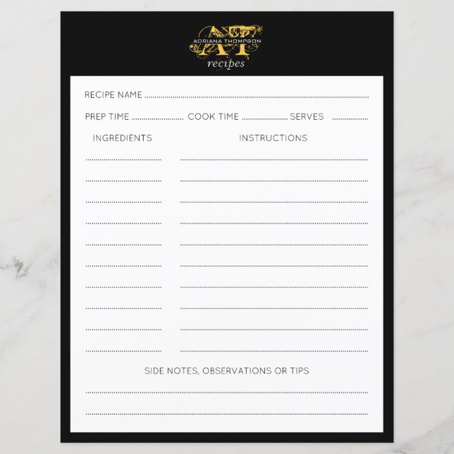Modern Distress Black & Guld Monogrammed Recipe (Baksida)
