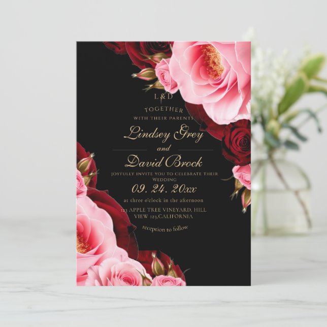 Modern Divine Elegant Rosa Blushing Röd Bröllop Inbjudningar (Stående Fram)
