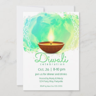 Modern Diwali Diya Grönt Watercolor Inbjudningar