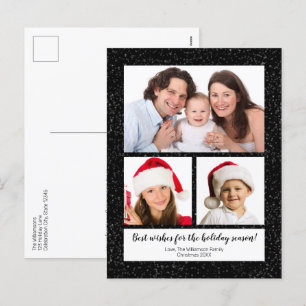 Modern DIY 3 Photo Namn Year Script Snowy Black Helg Vykort