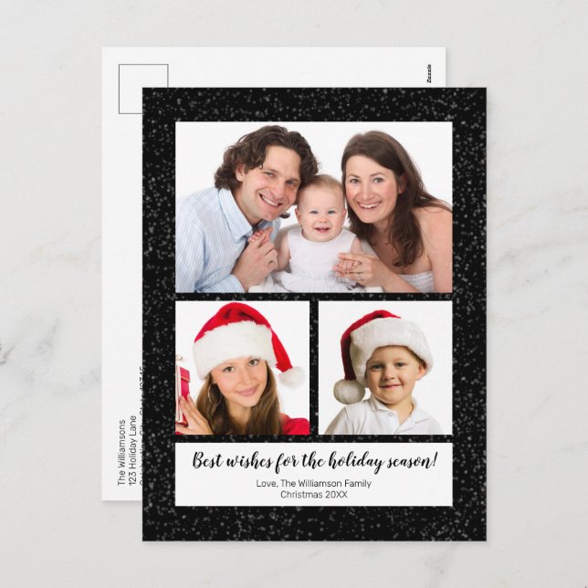 Modern DIY 3 Photo Namn Year Script Snowy Black Helg Vykort (Fram/baksida)