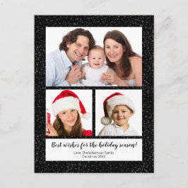 Modern DIY 3 Photo Namn Year Script Snowy Black Helg Vykort