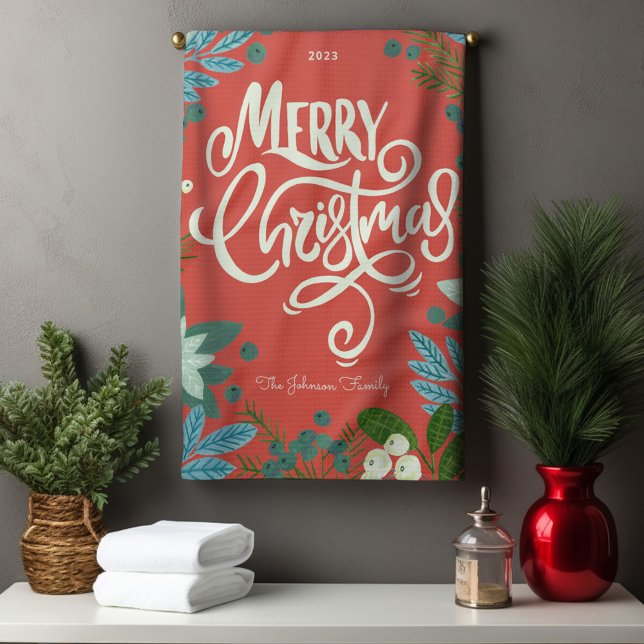 Modern djärv Blommigt God jul Kökshandduk (Modern Bold Floral Merry Christmas Kitchen Towel)