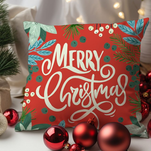 Modern djärv Blommigt God jul Kudde (Modern Bold Floral Merry Christmas Throw Pillow)