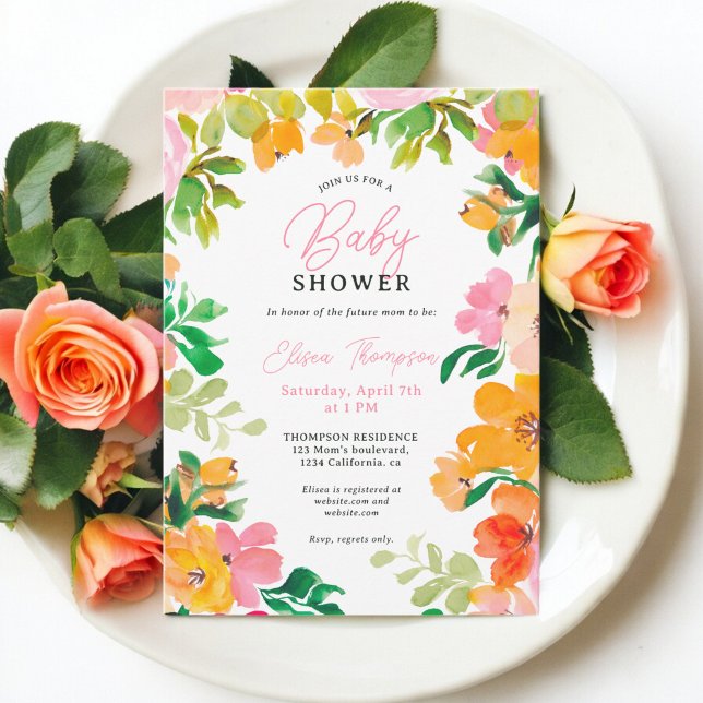 Modern djärv blommigt-manusdusch för orange med fe inbjudningar (Modern bold orange floral script baby shower invitation)