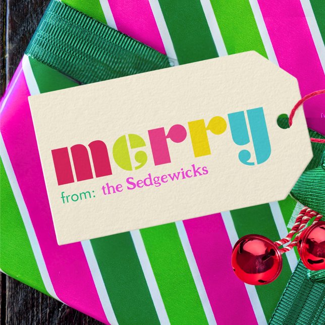 Modern djärv färgstark Personlig Presentetikett (Merry maximalist bright personalized Christmas gift tag)