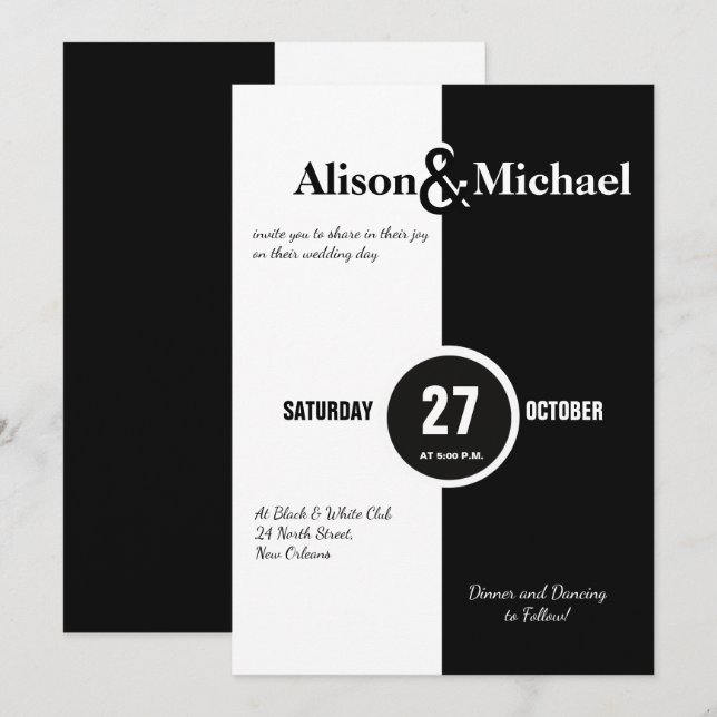 Modern djärv inbjudan till svartvitt bröllop (Fram/baksida)
