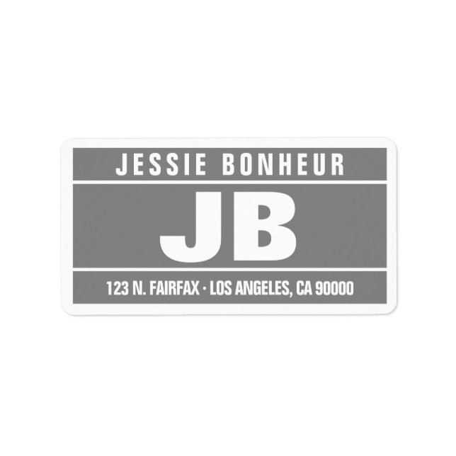 Modern djärv Initialer | Grått & vit Adressetikett (Framsidan)