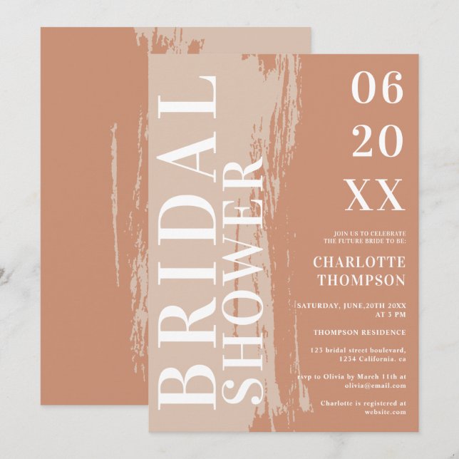 Modern djärv möhippa av terracotta i namn inbjudningar (Fram/baksida)