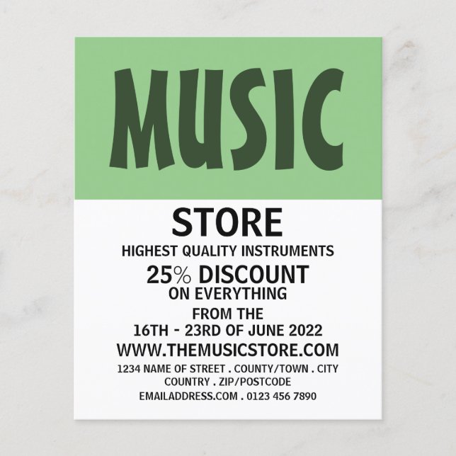 Modern djärv, musikalisk instrumentbutik flygblad (Framsidan)