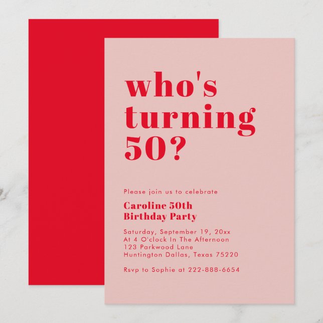 Modern djärv som vänder 50 | Ro Red Birthday Inbjudningar (Fram/baksida)