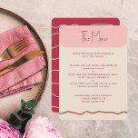 Modern djärv Vågigt Ram Magenta Rosa Bröllop Menu Meny<br><div class="desc">Ett modernt och trendig vågigt menykortet ram bröllop med rundade hörn i rosa med fetstil, en mjuk matchande rosa färg och en magenta hand plockade linje längst fram och en matchande vågigt av oregelbundet mönster på kortets baksida. Det här är en helt anpassade bröllop-mall. Hela färgen av den här designen...</div>