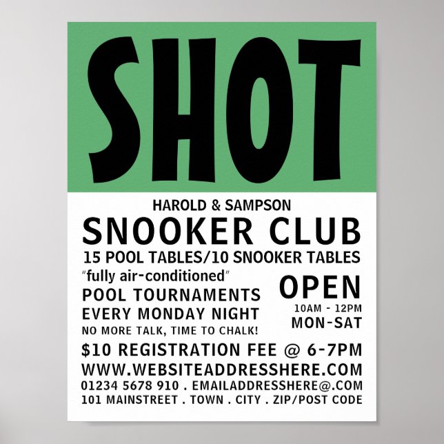 Modern djet, Bassäng Klubb, Snooker Klubb Advertis Poster (Framsidan)