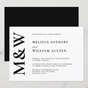 Modern djet Monogram Black and White Bröllop Inbjudningar