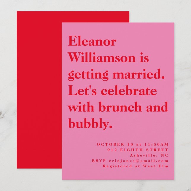 Modern djet Rosa och Red Typography Möhippa Brunch Inbjudningar (Fram/baksida)
