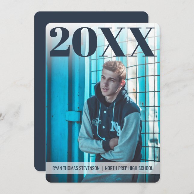 Modern djold Studenten | Blå flotta | 2 Foto Inbjudningar (Fram/baksida)