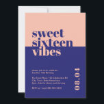 Modern djold Sweet sixteen Vibes Rosa Birthday Inbjudningar<br><div class="desc">Fira din dotters eller nära anhörigas 16-årsdag i stil med vår "Sweet sixteen Vibes"-Rosa på födelsedagsinbjudan! Denna moderna och djärva inbjudan är perfektens sätt att ange tonen för ett minnesvärt sweet sixteen party. Designad med pulserande blått och persikofärgade nyanser och öga-fångst, contemporary typsnitt, är denna inbjudan en inbjudan som exuderar...</div>