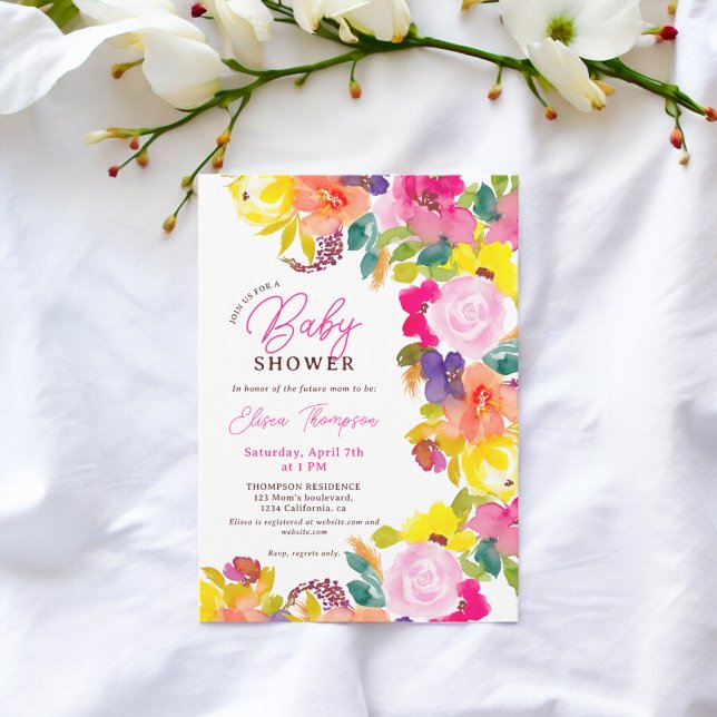 Modern djold vattenfärgsblommor manusdusch inbjudningar (Modern bold watercolor flowers script baby shower invitation)