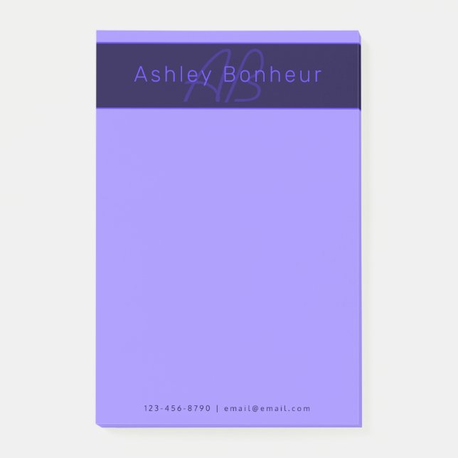 Modern djup Lila Färg | Coola Namn och Monogram Post-it Block (Framsida)